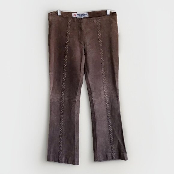 Vintage Y2K Anchor Blue Brown Suede Leather Pants Low Rise Lace Up Junior Size 7 - Picture 1 of 8